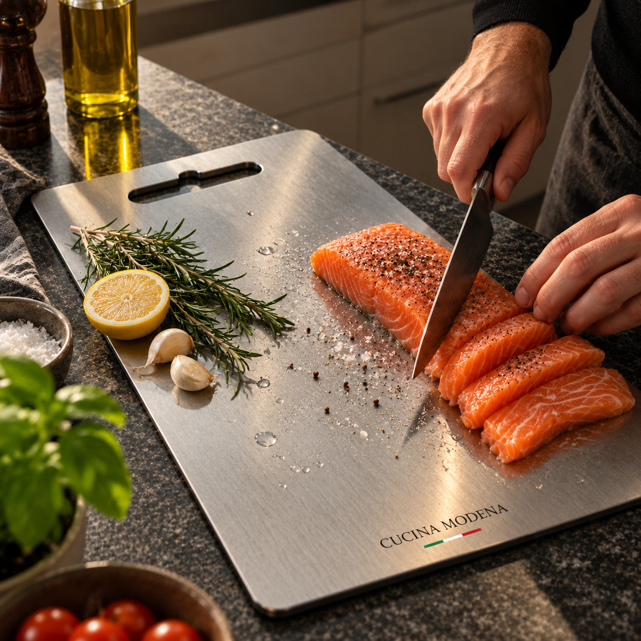 Salmone tagliato a fette sul tagliere Cucina Modena